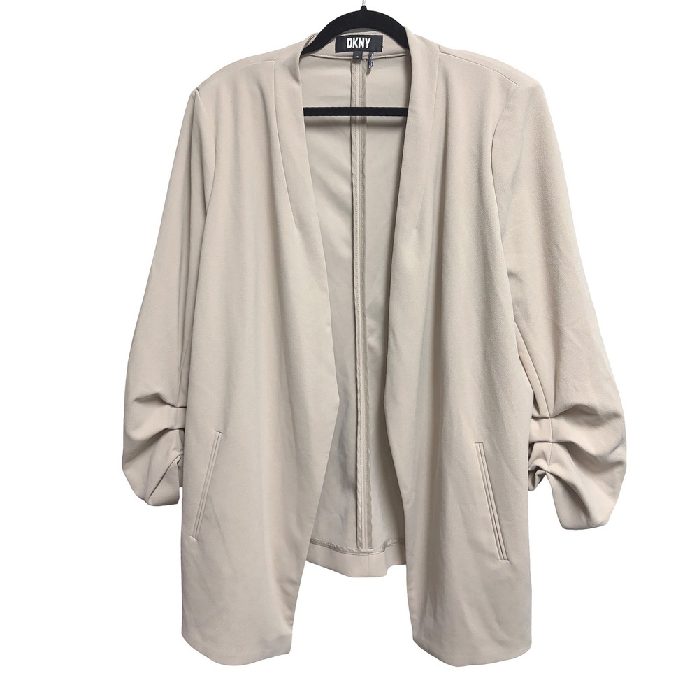 DKNY Open Front Ruched 3/4-Sleeve Jacket Beige Blazer XL - Picture 1 of 6